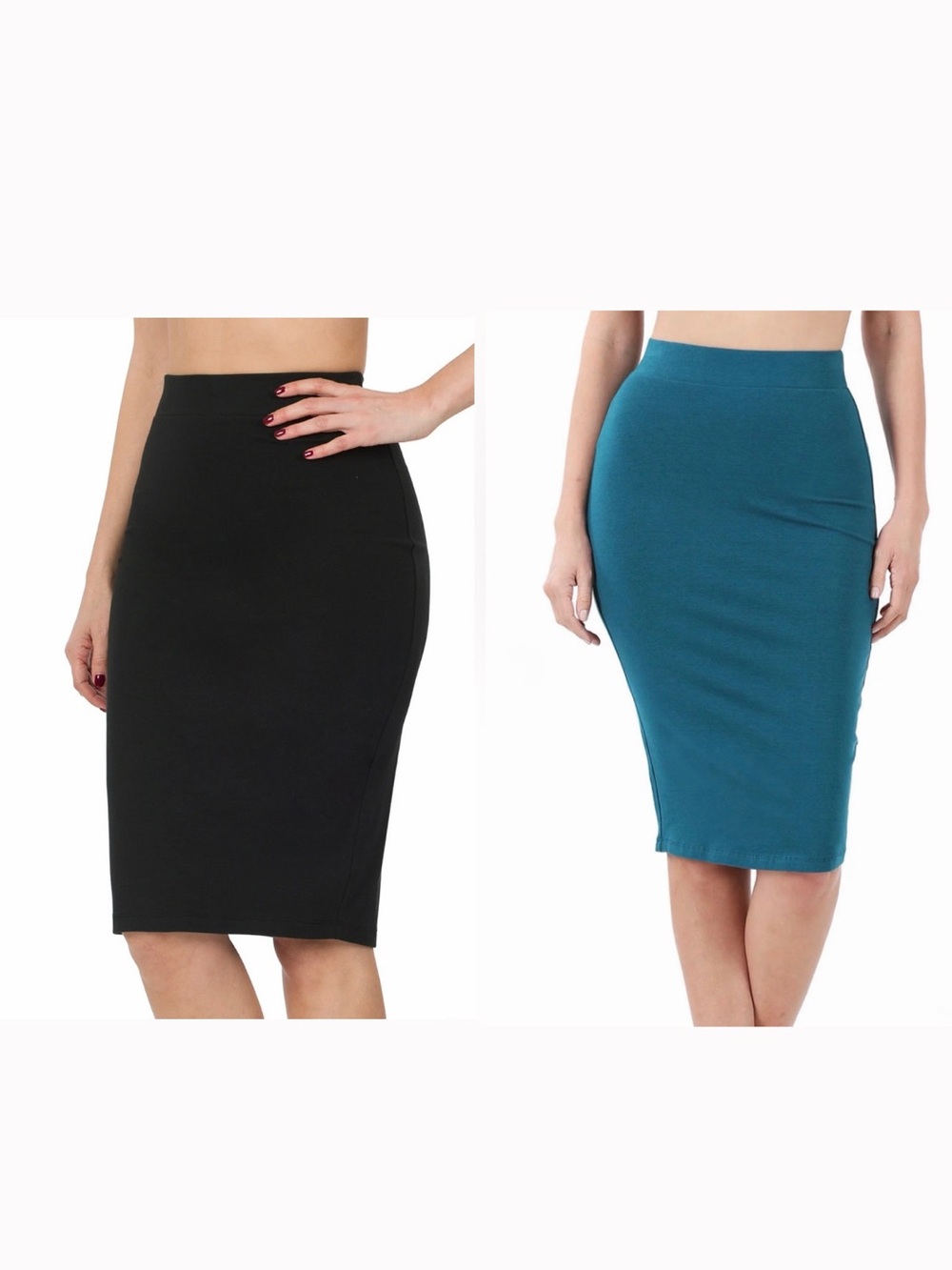 2pc Bundle Zenana Premium Women's Teal/Black Pencil Skirts Elastic Waist Size S